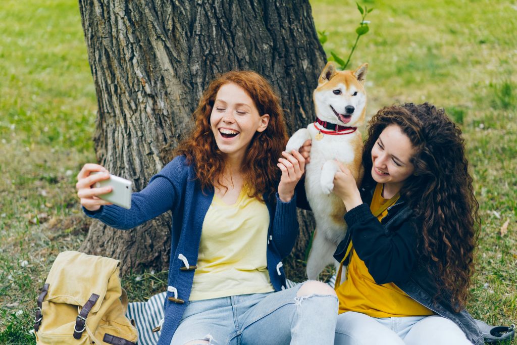 Two friends laughing and taking a selfie with a shiba inu dog in the park, symbolizing the benefits of therapy and counselling in enhancing social interactions and joy.