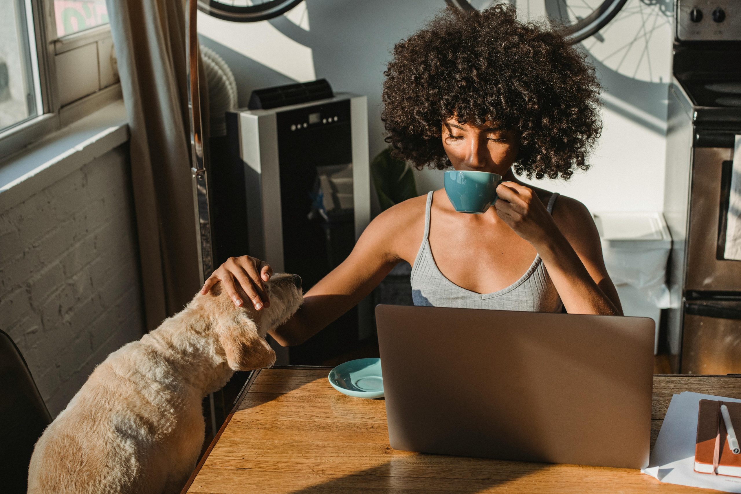 Bipoc-Therapy-Empowered-Healing-Mindshift Black woman drinking coffee and petting her dog while working on a laptop at home